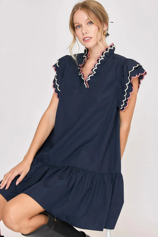Umgee Full Size Ruffled Scalloped Sleeved Dress Plus Size Dark Navy