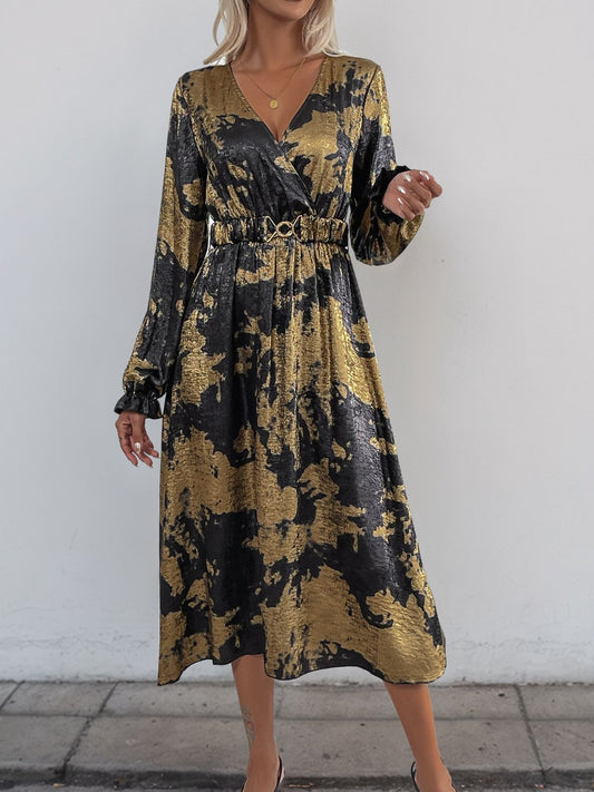 Perfee Printed Surplice Long Sleeve Midi Dress Black