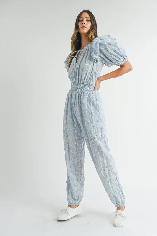 MABLE Eyelet Lace Ruffle Shoulder Jumpsuit
