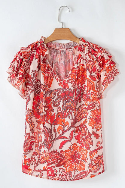 Vintage Floral Ruffle Sleeve V Neck Blouse