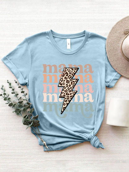 MAMA Round Neck Short Sleeve T-Shirt Light Blue