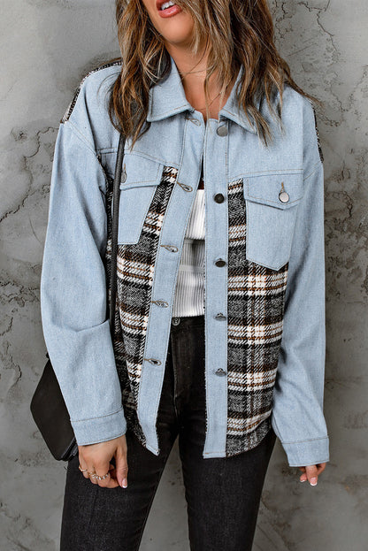 Plaid Pocketed Button Up Denim Jacket Light Blue