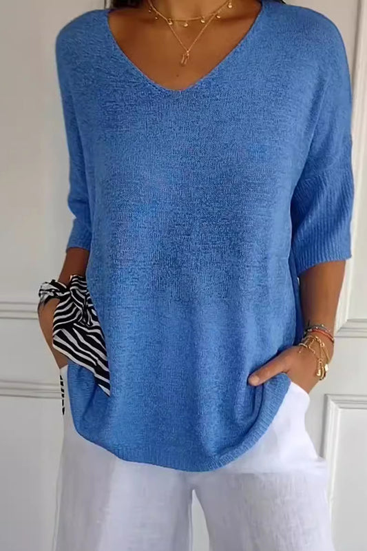 V-Neck Three-Quarter Sleeve Knit Top Blue One Size