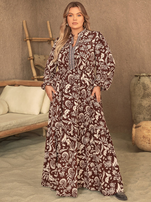 Plus Size Notched Balloon Sleeve Printed Maxi Dress Chocolate