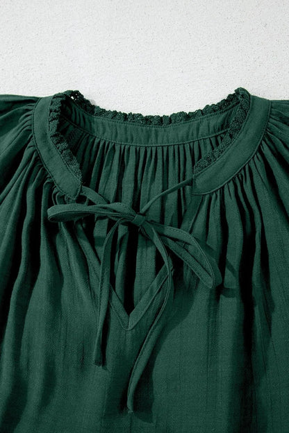 Eyelet Embroidered Sleeve Tie Neck Blouse