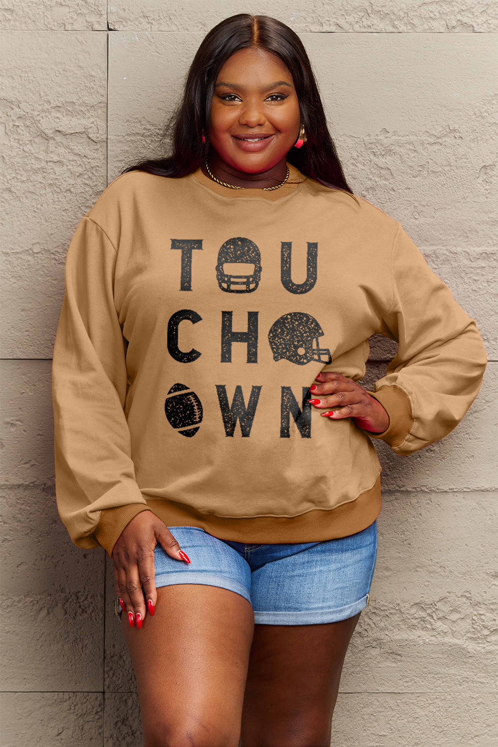 Simply Love Full Size TOUCHDOWN Long Sleeve Sweatshirt Camel
