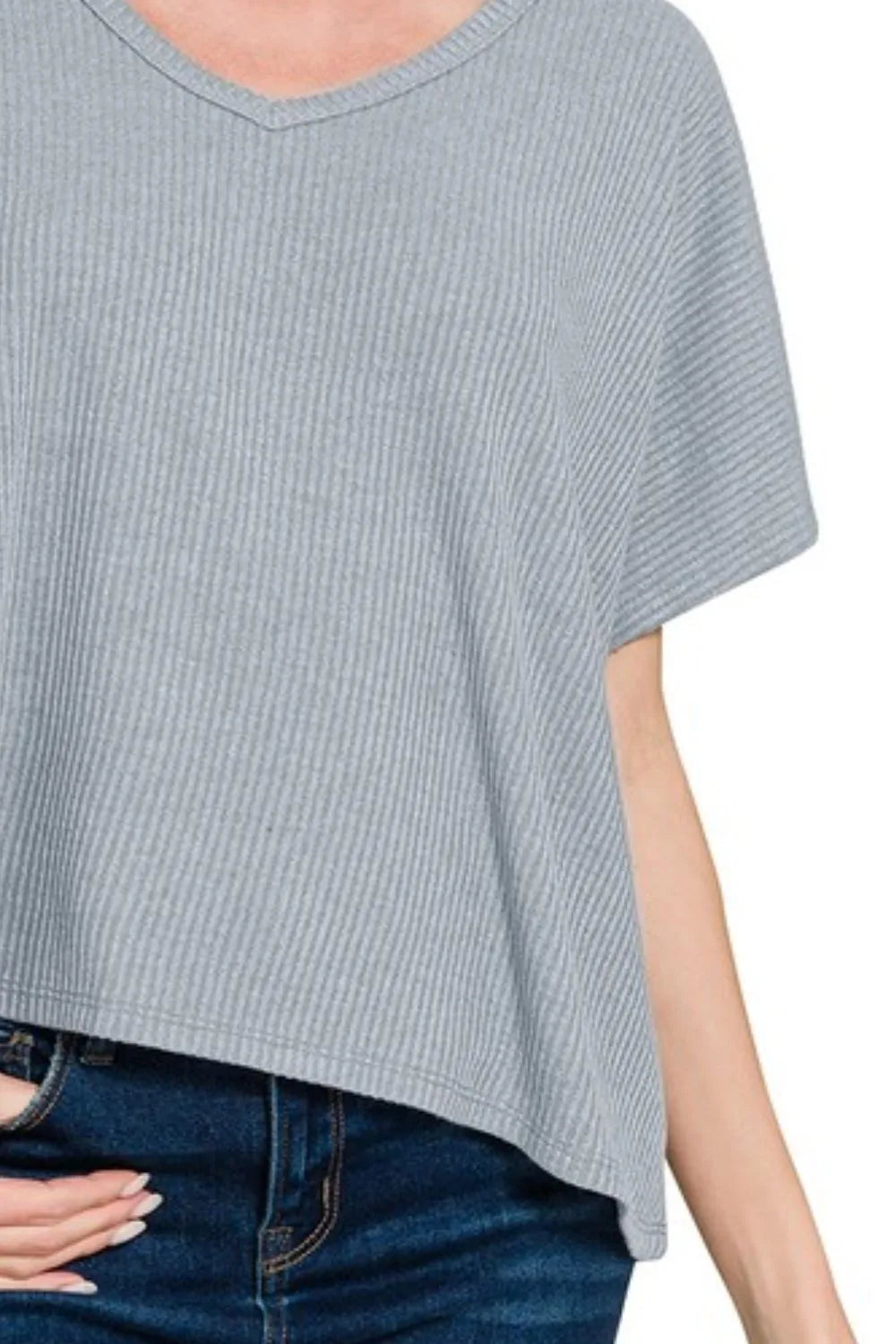 Zenana Ribbed V-Neck Short-Sleeve Knit Top