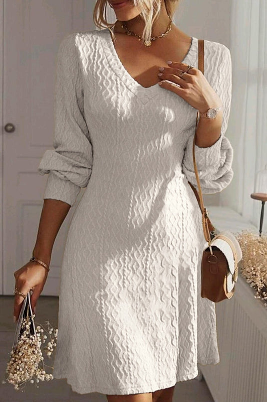 Texture V-Neck Long Sleeve Dress White