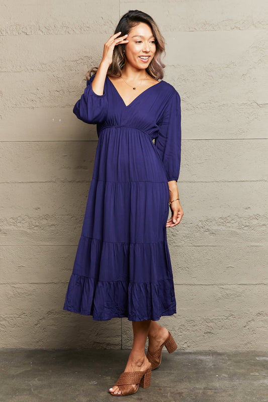 Perfee Tied Backless Tiered Midi Dress Navy