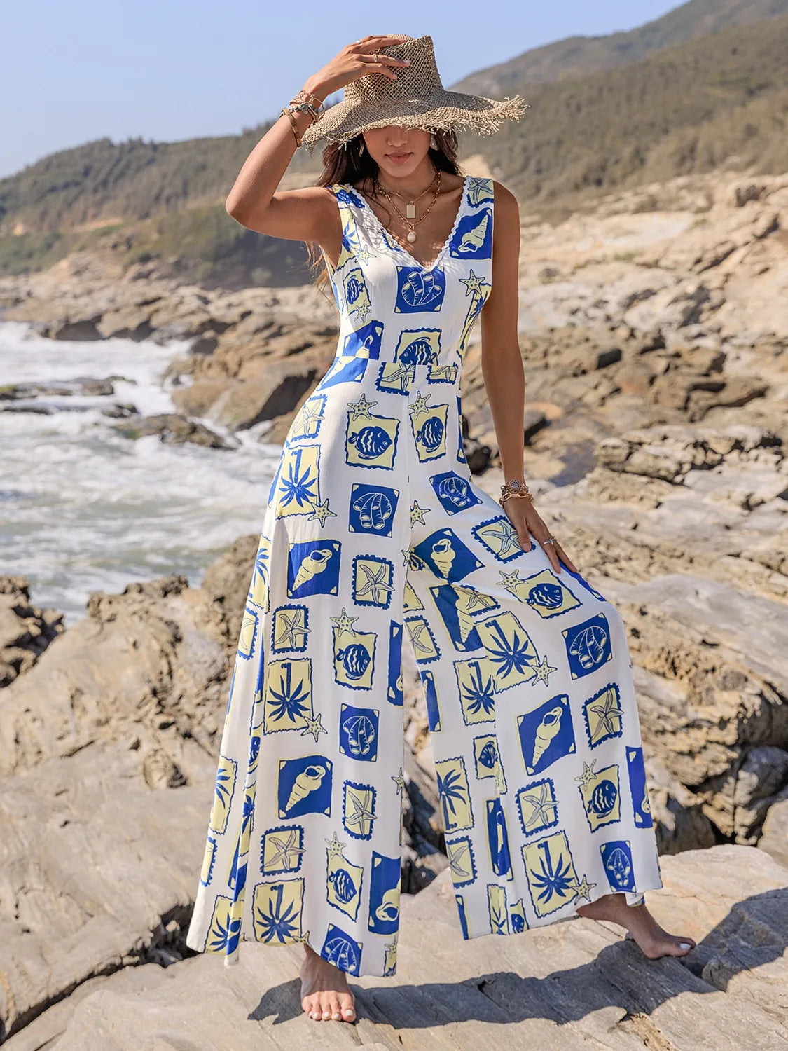 Printed V-Neck Wide Leg Jumpsuit White