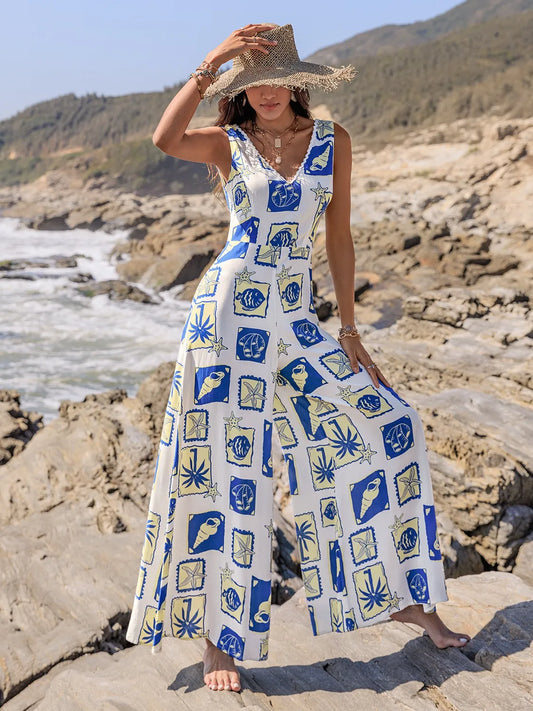 Printed V-Neck Wide Leg Jumpsuit White