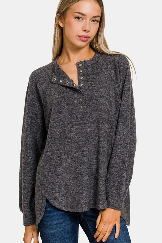 Zenana Full Size Brushed Melange Hacci High-Low Sweater Black