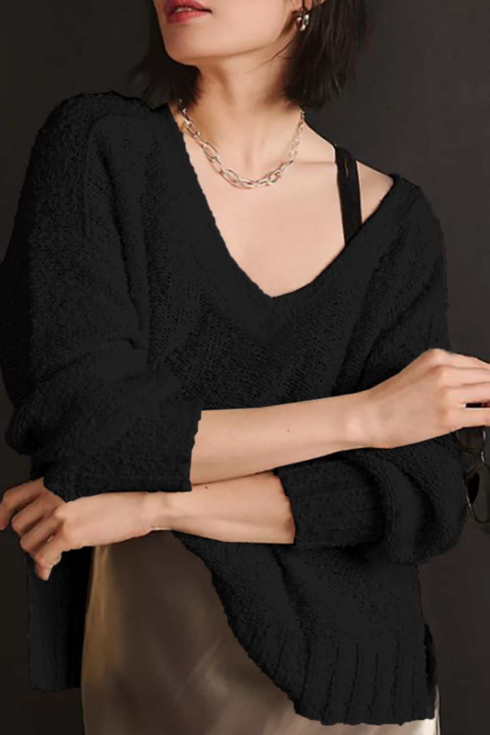 V-Neck Dropped Shoulder Sweater Black