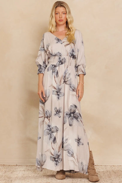 BiBi Floral Print Open Tie Back Maxi Dress LT GREY