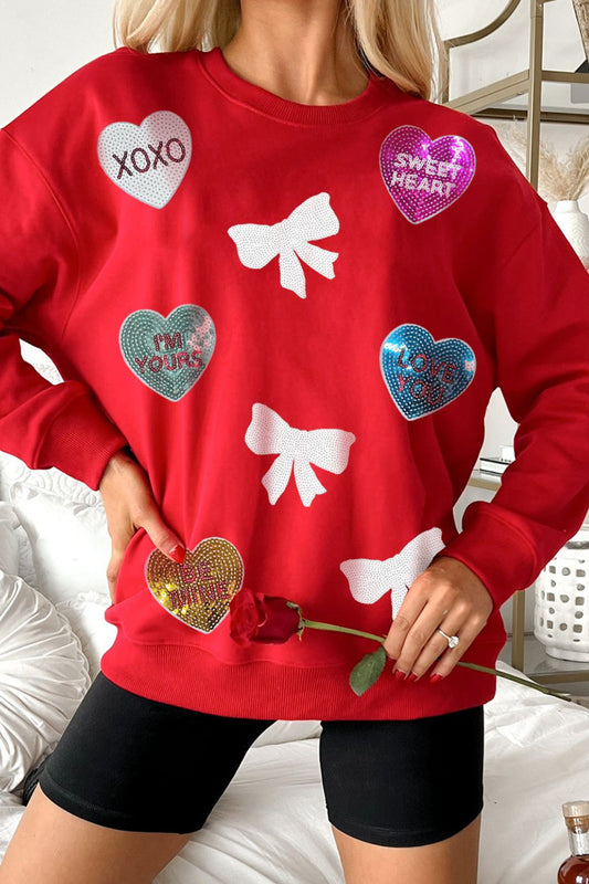 Valentine’s Day Sequin Bow Heart Round Neck Sweatshirt Red