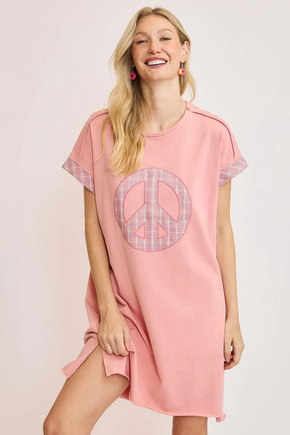 Umgee Peace Plaid Applique Short Sleeve Mini Dress