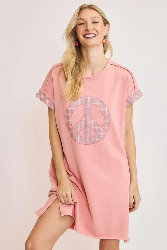 Umgee Peace Plaid Applique Short Sleeve Mini Dress