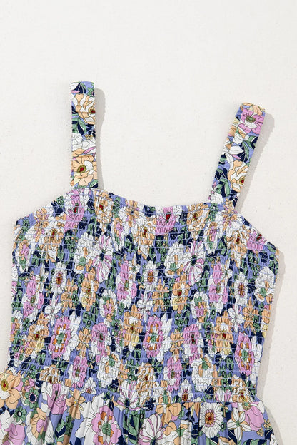 Floral Print Smocked High Waist Square Neck Jumpsuit