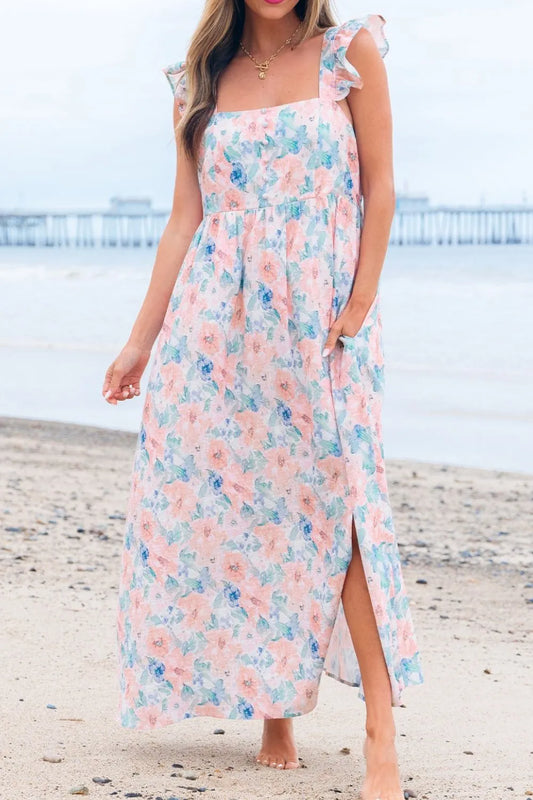 Floral Colorblock Flutter Straps Flowy Dress Blush Pink