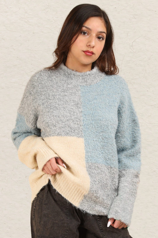 VERY J Color Block Mock Neck Drop Shoulder Sweater Grey