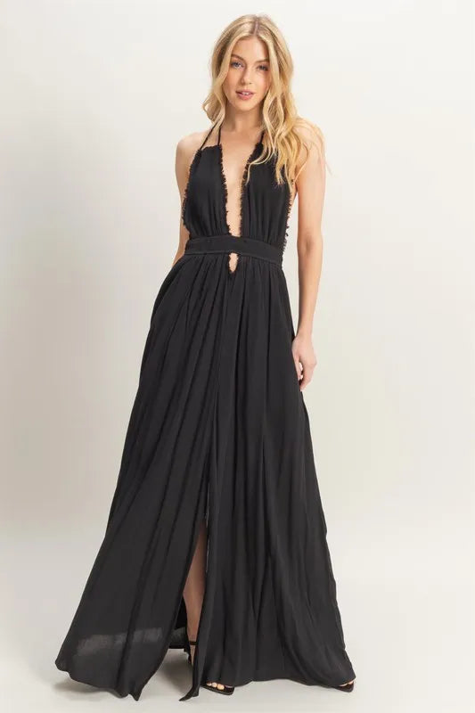 HYFVE Halter Neck Fitted Waist Flowy Maxi Dress BLACK