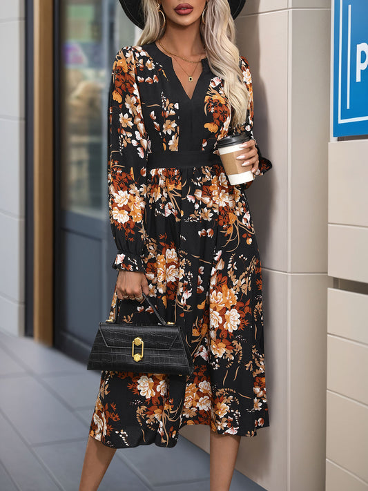 Perfee Printed Notched Long Sleeve Midi Dress Black