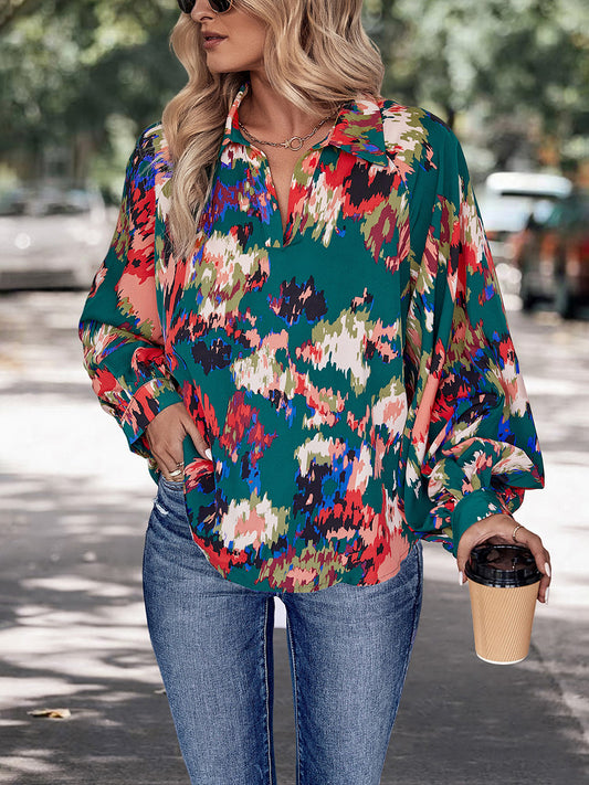 Perfee Printed Johnny Collar Long Sleeve Blouse Green
