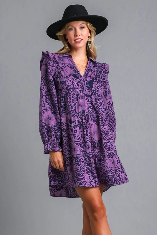 Umgee Full Size Ruffled Printed Piping Detail Long Sleeve Dress Plus Size Violet