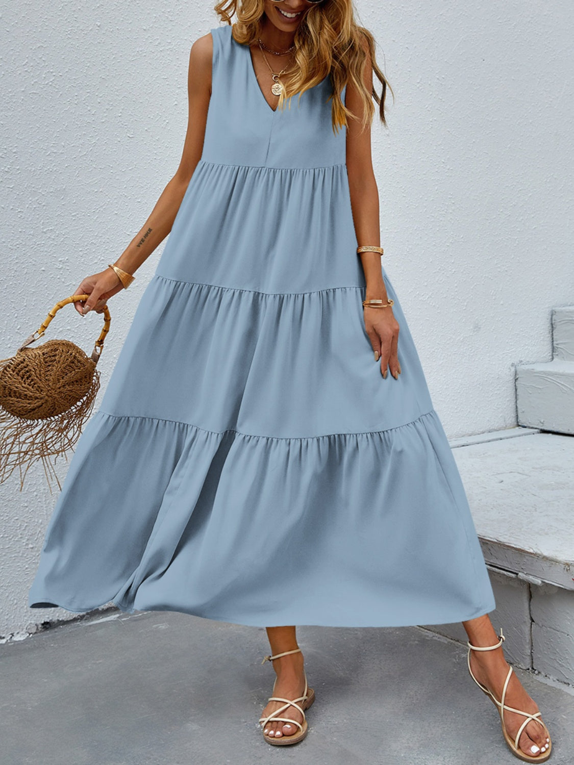 FAM-FAM Tiered V-Neck Sleeveless Dress Light Blue