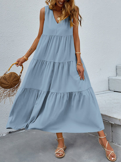 FAM-FAM Tiered V-Neck Sleeveless Dress Light Blue