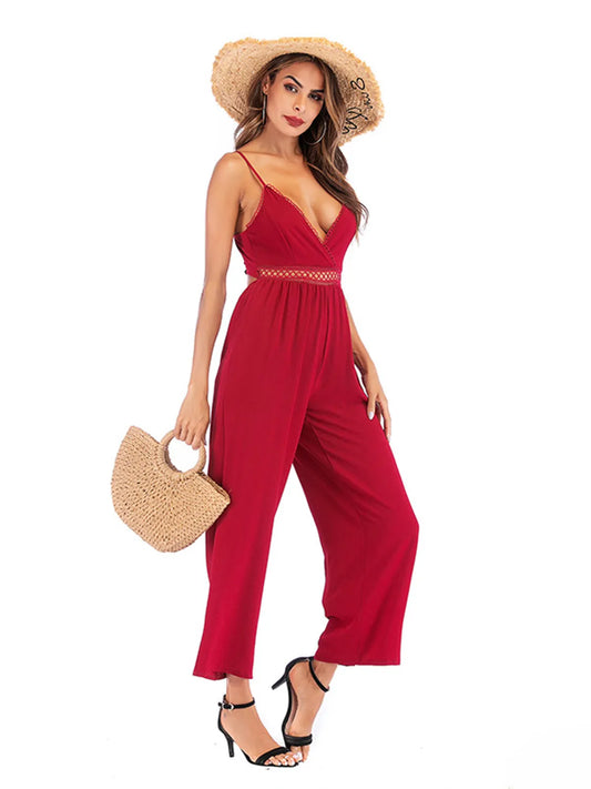 Spaghetti Strap Wide Leg Jumpsuit Deep Red
