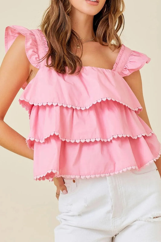 Tiered Heart Trim Square Neck Top Blush Pink