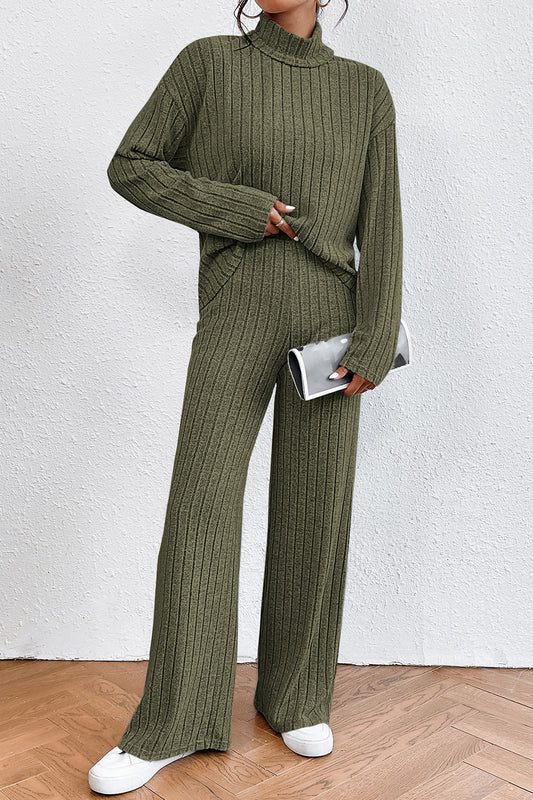 Ribbed Mock Neck Top and Pants Set Matcha Green
