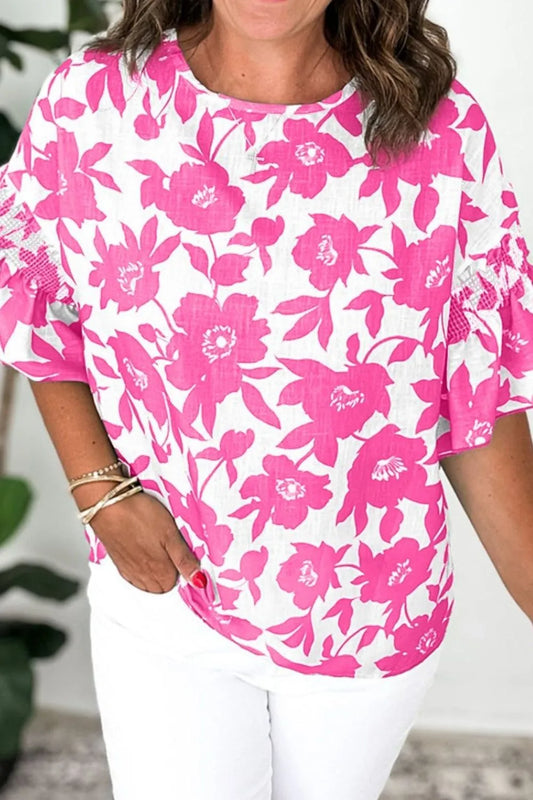 Floral Print Short Sleeve Casual Blouse Fuchsia Pink