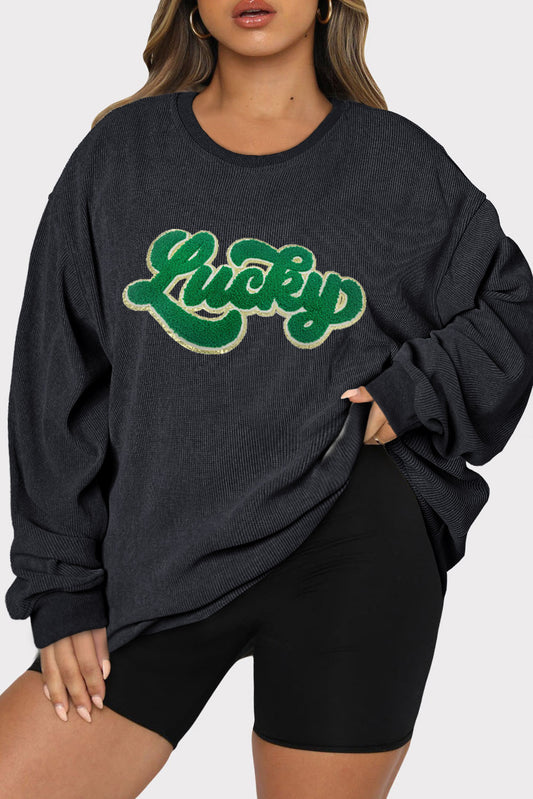 Plus Size LUCKY Round Neck Sweatshirt Black