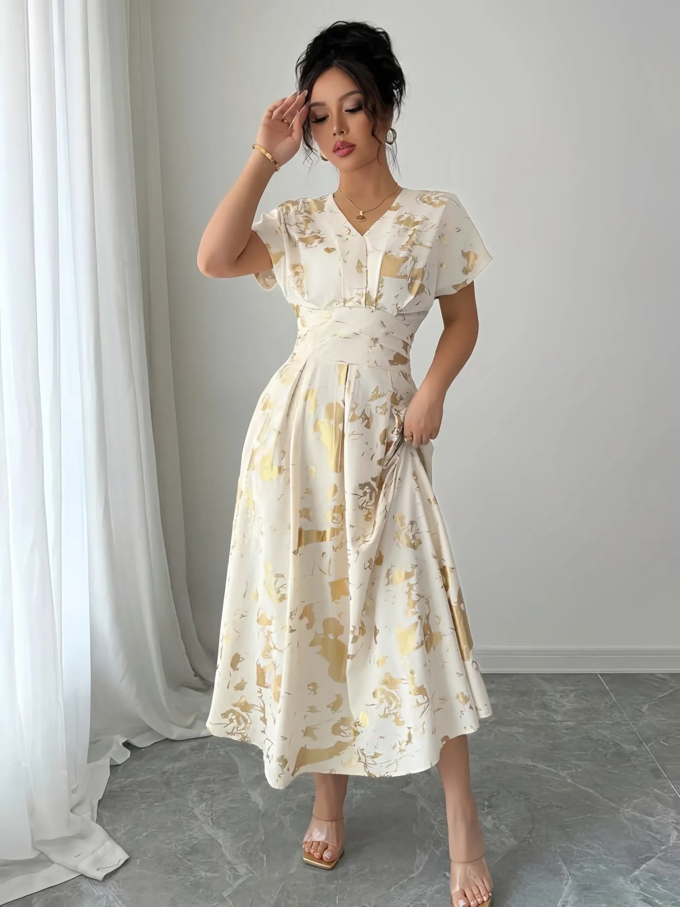 Printed V-Neck Short Sleeve Dress Ivory
