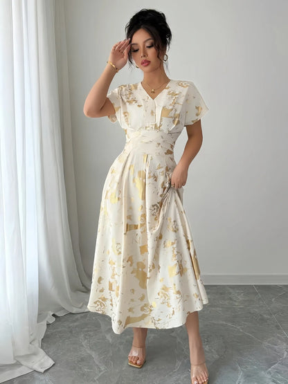 Printed V-Neck Short Sleeve Dress Ivory