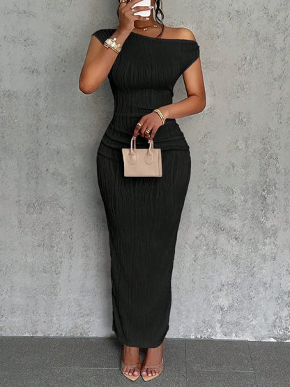 Textured Single Shoulder Maxi Dress Black