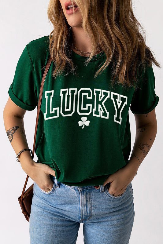 LUCKY Round Neck Short Sleeve T-Shirt Dark Green