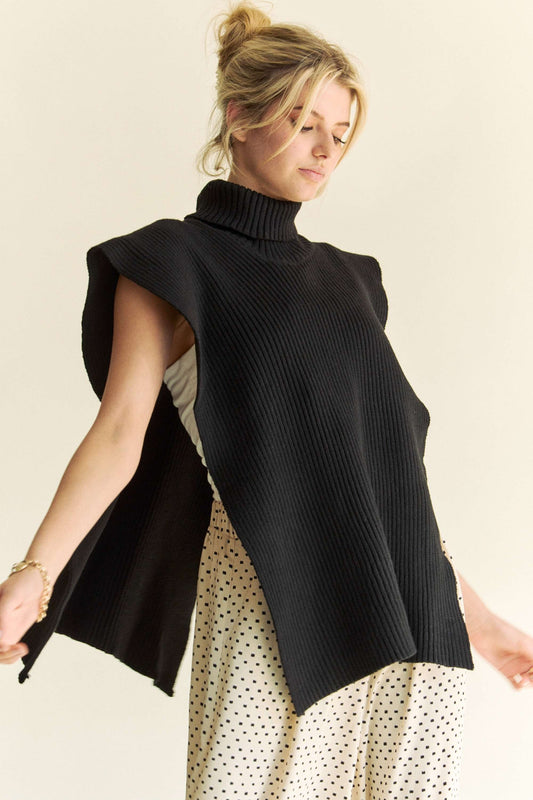 Davi & Dani Side Split Turtleneck Sleeveless Knit Top Black
