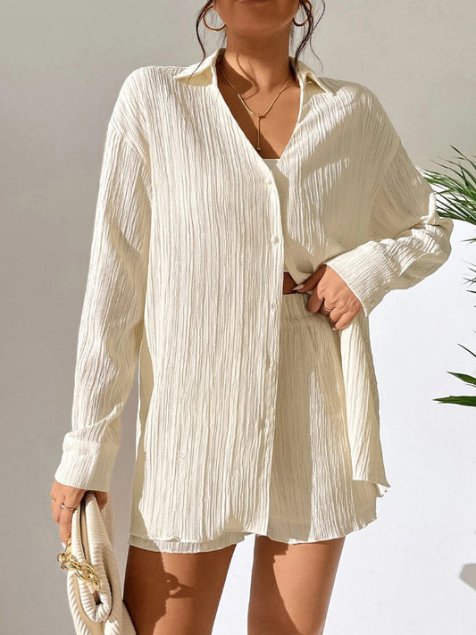 Textured Buttoned Shirt and Shorts Set Cream