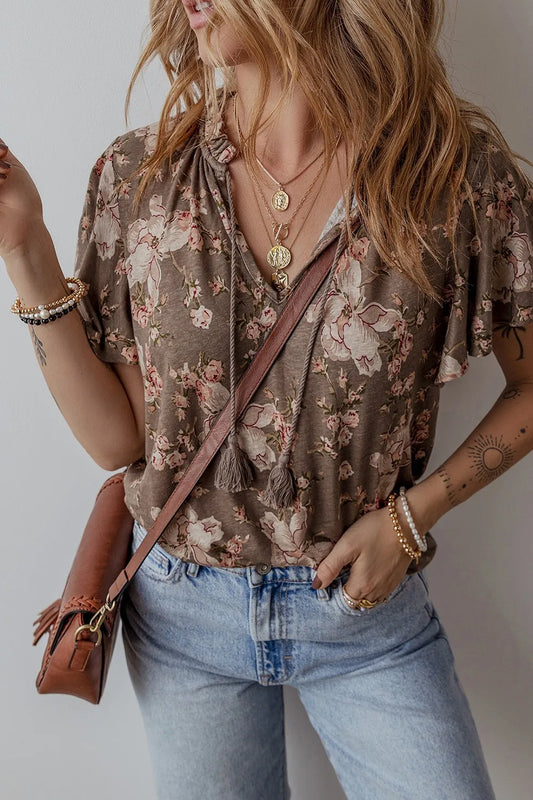 Floral Print Tassel Tie Split Neck Short Sleeve Blouse Brown