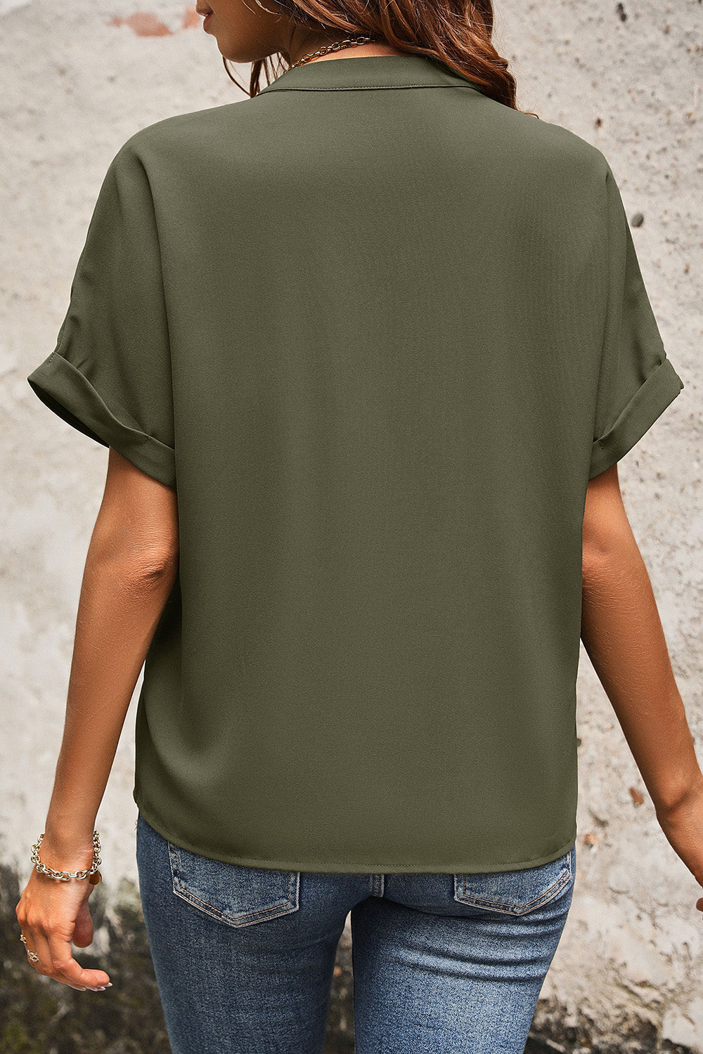 Perfee Pocketed Notched Short Sleeve Blouse