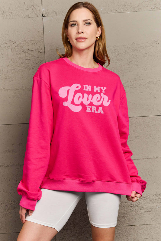 Simply Love Full Size IN MY LOVER ERA Round Neck Sweatshirt Hot Pink