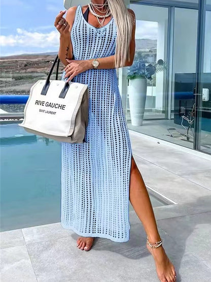 Openwork Slit Cutout Wide Strap Dress Light Blue