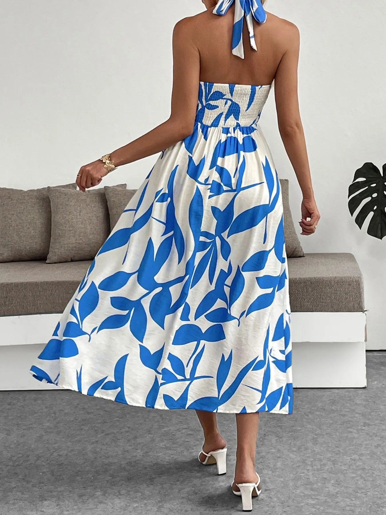 Leaf Print Halter Neck Midi Dress