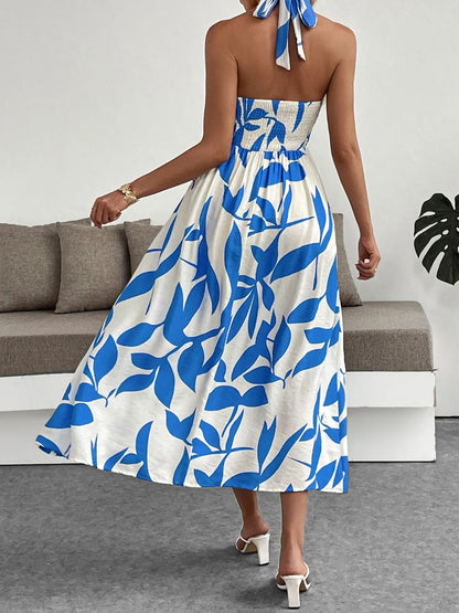 Leaf Print Halter Neck Midi Dress