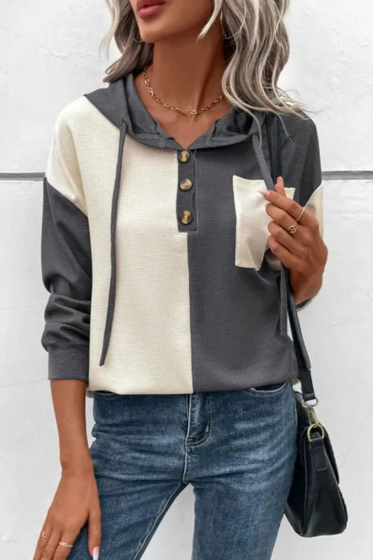 Waffle-Knit Two-Tone Long Sleeve Hoodie Gray