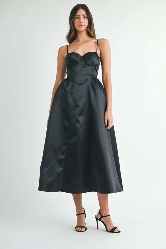 MABLE Solid Taffeta Spaghetti Strap Bustier Midi Dress BLACK