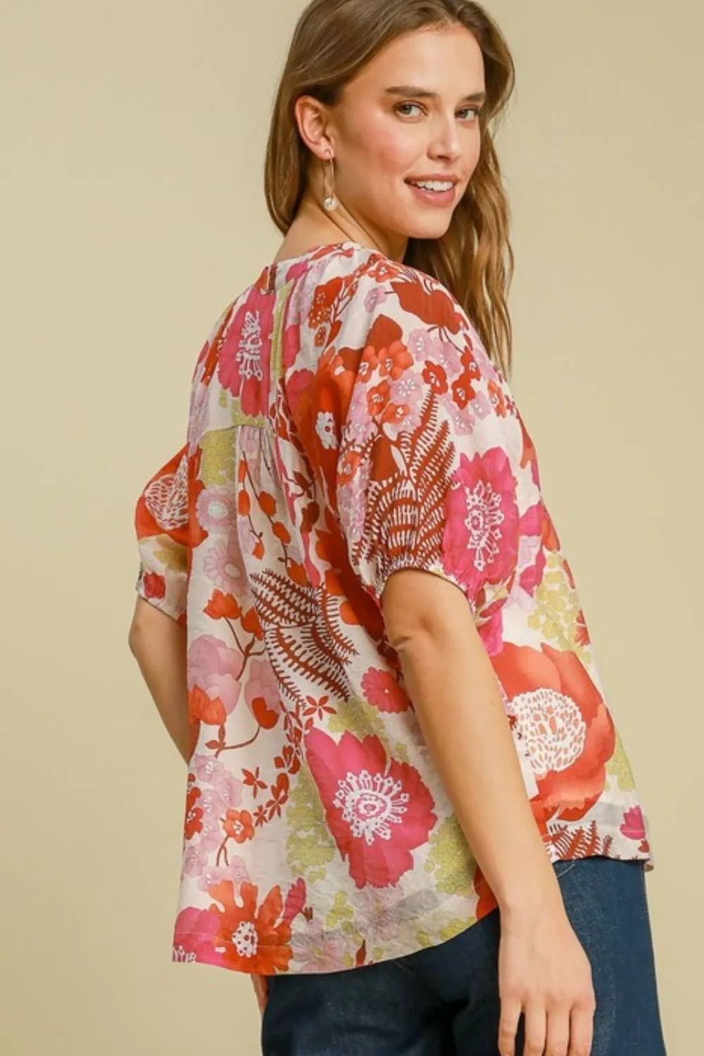 Umgee Full Size Floral Print Half Button Puff Sleeve Blouse Plus Size